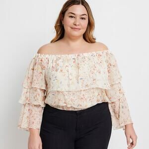 OHS Women’s Plus Size Off-Shoulder Floral Crop Top, Flowy Bell Sleeves – Size 1X